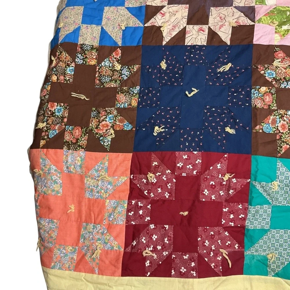 Vintage Handmade‎ Bears Paw Patchwork Quilt 1940s-1950s Cotton Hand-Tied Full Sz